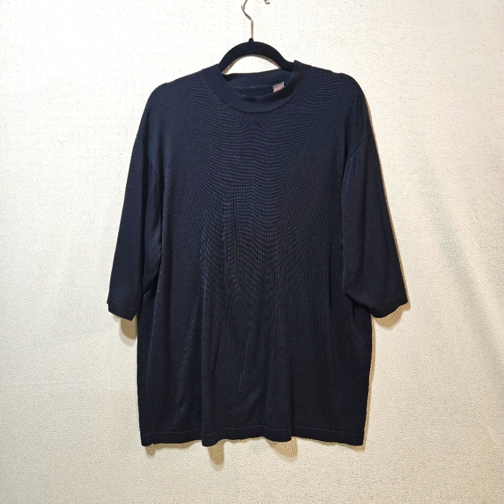 100% Silk Women's Textured Ribbed 3/4 Sleeve Black Top